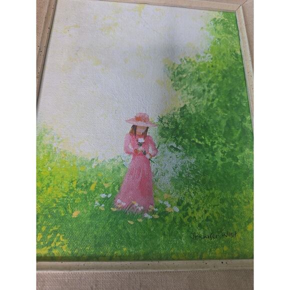 VTG Oil Painting Woman in Pink Dress in Garden Scene Signed Jennifer West 13x15 - Picture 8 of 16
